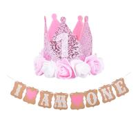 Bannière et chapeau pour premier anniversaire I Am One Bannière décorative pour 1er anniversaire Couronne de fleurs 1 an Bannières à suspendre Chapeau Couronne à paillettes Décorations de fête