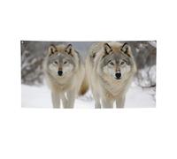 Bannière et panneau personnalisés « Two Wolves Walking in the Snow » pour décoration murale intérieure et extérieure avec œillets - Toile de fond pour photo - Pour événement, fête d'anniversaire