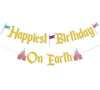 Bannière « Happiest Birthday On Earth » - Bannière d'anniversaire sur le thème du château - Décorations de fête d'anniversaire amusantes - Doré