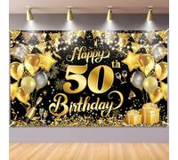 Bannière « Happy 50th Birthday » - Bannière d'anniversaire noire et dorée - Décorations de fête d'anniversaire pour homme et femme - 180 x 110 cm