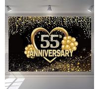 Bannière « Happy 55th Anniversary » - Décoration de fond pour anniversaire de mariage - Accessoires de fête - En tissu - Noir et doré - 1,5 m
