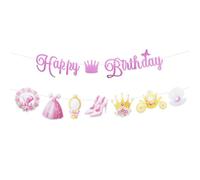 Bannière Happy Birthday, Colorée et Pré-Enfilée Bannière D'anniversaire de Princesse Robe Miroir Talon Haut Couronne Florale en Diamant Décorations de Fête pour Baby Shower Fille