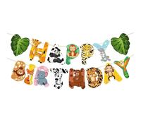 Bannière « Happy Birthday » d'animaux de la jungle, décoration de fête d'anniversaire safari, décorations de fête colorées sur le thème de la jungle pour fêtes d'enfants