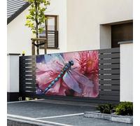 Bannière « Happy Birthday » - Décoration de fête - Drapeau de bienvenue à suspendre - Fleur et libellule bleue - Grande bannière pour les vacances en plein air - Décorations Happy Birthday - 180 x 120