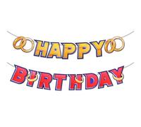 Bannière Happy Birthday Dessin Animé Bleu avec Anneau en Or, Bannière Pré-Enfilée sur Thème des Dessins Animés Jeux Vidéo avec Bague en or Fournitures Décoration Fête pour Garçons et Filles