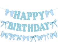 Bannière « Happy Birthday » pré-cordée avec nœud bleu pour décorations de fête d'anniversaire, décorations de fête d'anniversaire coquette, décorations de fête