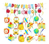 Bannière « Happy First Day of School » - Décorations de rentrée scolaire avec tourbillons à suspendre pour enseignant, élève, salle de classe, premier jour d'école - Décoration de fête à thème