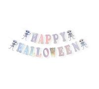 Bannière Happy Halloween - Guirlande irisée Happy Halloween pour décorations intérieures et extérieures, fournitures de fête suspendues avec squelettes colorés