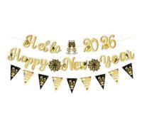 Bannière « Happy New Year » noire et dorée, panneau « Hello 2026 » pour décoration de fête avec fanion, verres à champagne, ballons, guirlande de feux d'artifice pour le réveillon du Nouvel An 2026