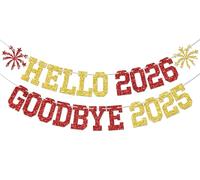 Bannière « Hello 2026 Goodbye 2025 », décorations du Nouvel An Happy 2026, Cheers to the New An, vacances d'hiver, fournitures de décoration de fête de Noël, rouge et doré pailleté