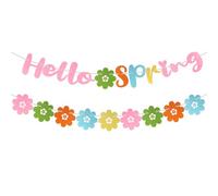 Bannière Hello Spring, Pré-Enfilée Bannière de Fleurs Printanières Guirlande Printemps Paillettes Décorations à Suspendre Hello Spring pour Accueillir Printemps Pâques Fournitures Fête