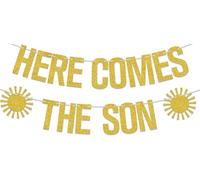 Bannière « Here Comes the Son », décorations de fête prénatale ensoleillée pour fête « Welcome Sweet Baby », « It's a Boy », « You Are My Sunshine Gender Reveal », fournitures de fête dorée pailletée