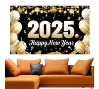 Bannière heureuse nouvelle année, décorations de fond de bannière du Nouvel An, 70 x 43 pouces Bannière en tissu pour le Nouvel An sur le thème du ballon noir et or Bannière de bonne année 2025