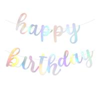 Bannière holographique « Happy Birthday » pré-enfilée - Décorations de fête d'anniversaire irisées - Guirlande disco argentée pour fête prénatale, fête d'anniversaire