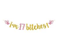 Bannière « I'm 17 Bitches » dorée et rose pailletée « Happy 17th Birthday », panneau d'anniversaire « Cheers to 17 Years »