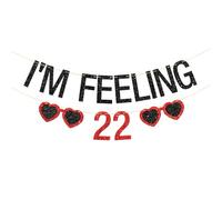 Bannière « I'm Feeling 22 » - Guirlande de fête d'anniversaire pour adulte - Cheers to 22 Years Music Twenty-two Sign Décorations de fête d'anniversaire - Noir et rouge pailleté