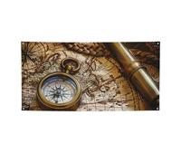 Bannière imprimée boussole et carte du monde ancienne pour Halloween, fête de Noël - 90 x 180 cm - Toile de fond pour photographie, tapisserie murale pour toile de fond d'anniversaire, décoration