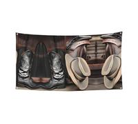 Bannière imprimée cowboy chapeau noir bottes western - 177,8 x 88,9 cm - Bannière de fête de vacances de Noël - 180 x 90 cm