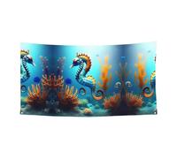 Bannière imprimée hippocampe corail fond marin - 177,8 x 88,9 cm - Bannière de fête de vacances de Noël - 180 x 90 cm