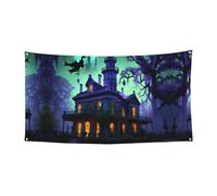 Bannière imprimée manoir hanté noire en polyester pour décoration de fête ou d'anniversaire pour l'intérieur et l'extérieur