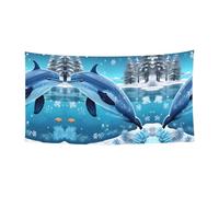 Bannière imprimée Winter le dauphin à suspendre - 177,8 x 88,9 cm - Bannière de fête de vacances de Noël - 180 x 90 cm