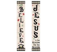 Bannière Jésus pour l'extérieur, bannière de porte de Noël - Bannière de crèche Jésus - 2 bannières à carreaux de buffle noir et blanc, décoration d'intérieur résistante aux intempéries pour la