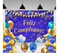 Bannière Joyeux Anniversaire 110 x 180 cm + 20 Ballons | Affiche Décoration Fête Adulte Homme Femme | Photocall Anniversaire Bleu et Doré | Toile de fond avec corde | Ornements et décoration