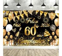Bannière Joyeux Anniversaire 60 Ans 1966-2026, Seutgjie Joyeux Anniversaire Décoration pour Femme Homme pour Fête Anniversaire 60 Or Noir 180 x 110 cm