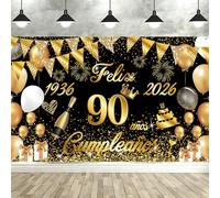 Bannière Joyeux Anniversaire 90e Ans 1936-2026, Seutgjie Joyeux Anniversaire Décoration pour Femme Homme pour Fête Anniversaire 90 Or Noir 180 x 110 cm
