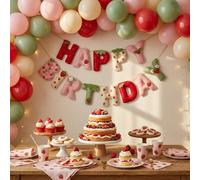 Bannière Joyeux Anniversaire en Feutre Fraise Plate 2D, Guirlande de Décoration de Fête Thème Fruit Sucré Plate 2D, Fête d'Anniversaire Style Campagne Mignon, Fête de Baby Shower, Mur de Fond Photo Ma