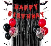 Bannière Joyeux D'anniversaire Rouge à Paillettes pour Halloween, Halloween Décoration Interieur de Bannière Kit, Guirlande Métallique Tinsel Noir Ballons Chauve-souris