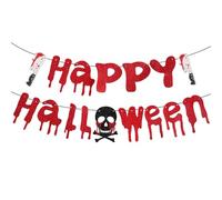 Bannière Joyeux Halloween, Décorations de Fête d'Halloween Effrayantes Guirlande de Bannière Ensanglantée Rouge avec Crâne et Faux Couteau pour Thème Films d'Horreur et Vampires Zombies