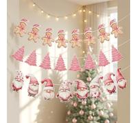Bannière Joyeux Noël 3pcs, Guirlande Table Noël Rose avec, Banderole Joyeux Noël en Carton Pré-Perforée avec Ficelle, Décoration Murale pour Fête Maison Cheminée Fenêtre