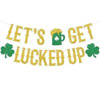 Bannière « Let's Get Lucked Up » - Décoration de pendaison de crémaillère - Happy St Patrick - Trèfle à trois feuilles - Fournitures de décoration de fête irlandaise - Dorées et vertes