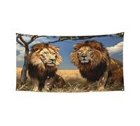 Bannière lion dans la steppe, décoration extérieure et intérieure, durable et résistante aux UV, parfaite pour un anniversaire, Halloween, et plus encore