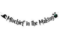 Bannière Mischief in the Making - A Baby is Brewing - Décoration de fête prénatale sur le thème magique, magicien magique révélant le sexe du genre, décorations de fête noires