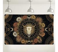 Bannière murale bohème avec tête de mort céleste 180 x 109 cm | Art mandala céleste, toile de fond pour photographie, flore du désert du sud-ouest, accents croissant de lune
