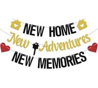 Bannière New Adventures New Memories, décorations de pendaison de crémaillère, décoration de fête de bienvenue à la maison, notre première pendaison de crémaillère pour la famille et les amis Noir