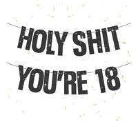 Bannière noire à paillettes pour 18e anniversaire - Décoration de fête amusante - Cadeau pour garçon et fille - Inscription « Holy Shit You're 18 » - Noir