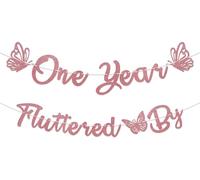 Bannière « One Year Fluttered By Banner » - Décorations de fête d'anniversaire sur le thème des fées - Paillettes or rose