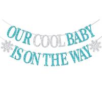 Bannière « Our Cool Baby is on the Way » - Flocon de neige - Décorations de fête prénatale - Décorations de fête d'anniversaire pour bébé garçon - Bleu et argenté