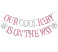 Bannière « Our Cool Baby is on the Way » - Flocon de neige - Décorations de fête prénatale - Décorations de fête d'anniversaire pour bébé fille - Rose et argenté