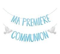 Bannière Pailleté Première Communion Banderole Bleue avec Pigeon Guirlande Décoration Décoration Festive pour Célébration Communion (Bleu)