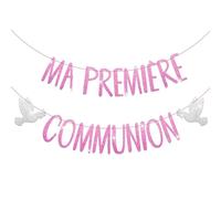 Bannière Pailleté Première Communion Banderole Rose avec Pigeon Guirlande Décoration Décoration Festive pour Célébration Communion (Rose)