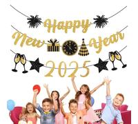 Bannière pailletée « Happy New Year 2025 » - Décorations du Nouvel An et de Noël | Le design étincelant de cette bannière est fabriqué en or irisé pour une brillance éclatante et met en valeur votre