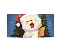 Bannière personnalisée avec œillets - Toile de fond d'anniversaire - Motif chat mignon - Chants de Noël - Pour extérieur et intérieur - Décoration de fête - Petit format