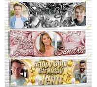 Bannière photo d'anniversaire personnalisée 0,6 x 1,8 m en tissu doré ballon disco boule disco décoration affiche homme femme garçon fille célébration 18 ans 20 30 40 50 ans