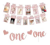 Bannière photo de bébé pour 1er anniversaire, guirlande de banderoles roses rouges avec une décoration gâteau pour fille, affichage photos nouveau-né à 12 mois, décorations premier annive