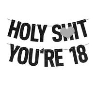 Bannière pour 18e anniversaire - Décorations noires à paillettes « Holy Shit You're 18 » - Décorations de fête amusantes pour garçons et filles