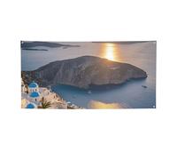 Bannière pour intérieur et extérieur - Personnalisable - Motif île de Grèce - Coucher de soleil - Bannière de fête réutilisable - En polyester 300D - Décoration de fête